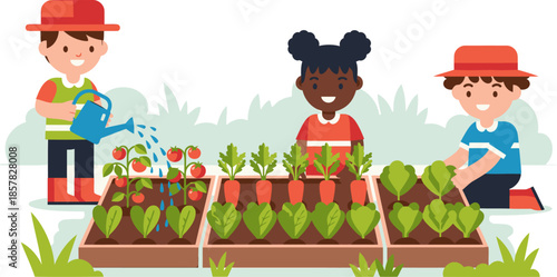 Three children happily garden together, watering plants and tending a vegetable patch. A bright, cheerful illustration perfect for educational or lifestyle content.