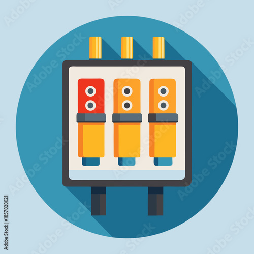 Title: Colorful of a control panel with buttons and dials on a blue circular background