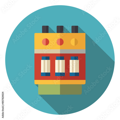 Title: Colorful of a control panel with buttons and dials on a blue circular background