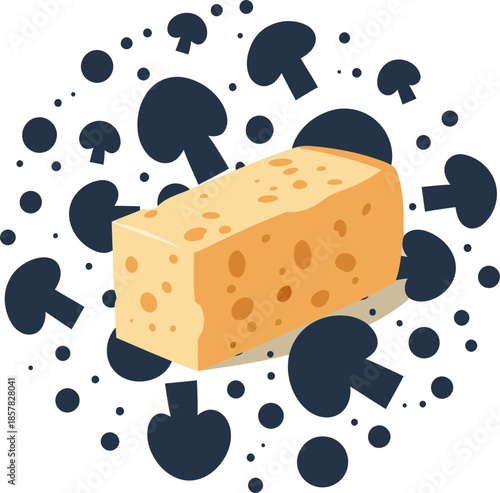 A vibrant sponge surrounded by mushrooms, creating a playful, organic composition. Perfect for lifestyle and wellness visuals. Clean, modern design.