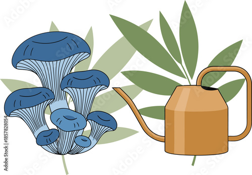 A vibrant illustration featuring blue oyster mushrooms, leafy plants, and a watering can. A stylized garden scene with a modern, artistic feel. Perfect for nature, wellness, or lifestyle themes.