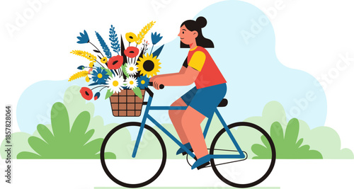 A woman rides a bicycle with a basket of flowers through a green landscape. A cheerful scene promoting sustainability and nature. Modern, flat illustration.