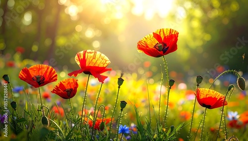 Vibrant red poppies bloom in a sun-drenched meadow with soft bokeh background