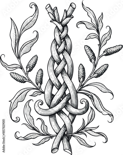  create on Decorative engraving of braided river willow for vintage design and victor art.