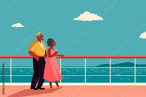 Senior couple in love enjoying a romantic cruise ship deck view and relaxing on a trip while looking at the ocean. Luxury vacation journey for travel, leisure and a happy retirement holiday