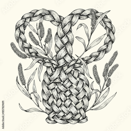 Decorative engraving of braided river willow for vintage design and vector art.