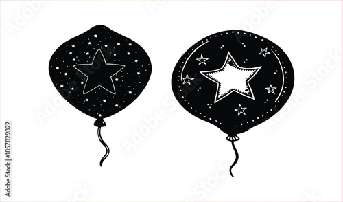 Two Black Star Decorated Balloons Floating, Isolated on White Background, Celebration Element