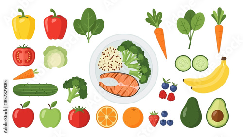 Healthy Food Arrangement with Fresh Fruits and Vegetables.