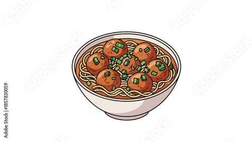 Bowl of Noodles with Meatballs and Vegetables.