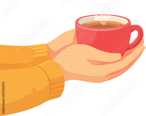 A warm flat illustration depicts two hands in a yellow sweater gently holding a steaming red cup of coffee against