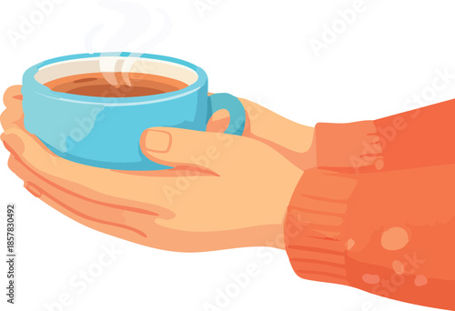 A warm flat illustration depicts two hands in an orange sweater holding a steaming blue cup of hot coffee against