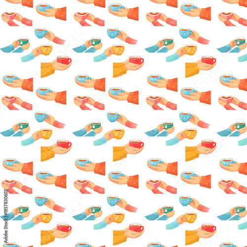 A seamless flat illustration pattern shows multiple hands in colorful sleeves holding steaming cups of tea and coffee, creating a cozy and cheerful repeating design.