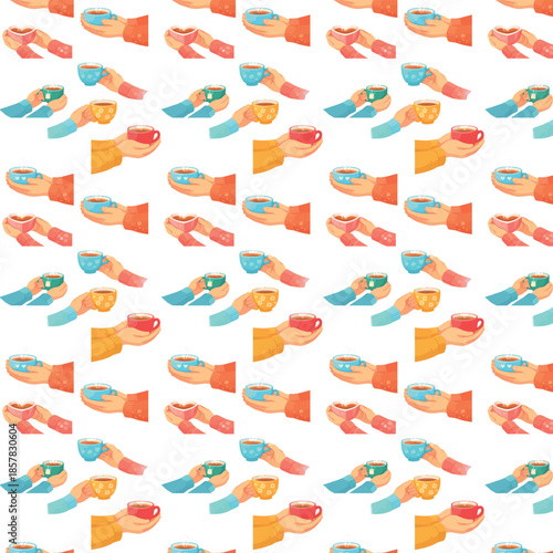 WebA seamless flat illustration pattern shows multiple hands in colorful sleeves holding steaming cups of tea and coffee, creating a cozy and cheerful repeating design.