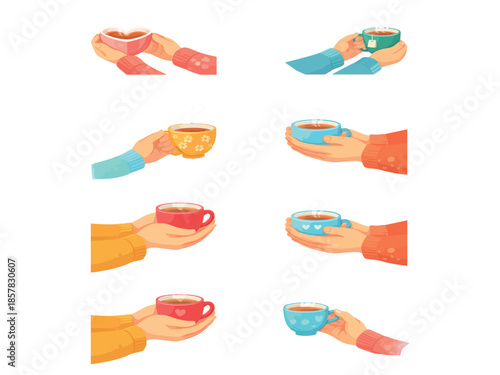 A flat illustration set displays multiple hands in colorful sleeves holding steaming cups of tea and coffee, creating a warm and cozy collection.