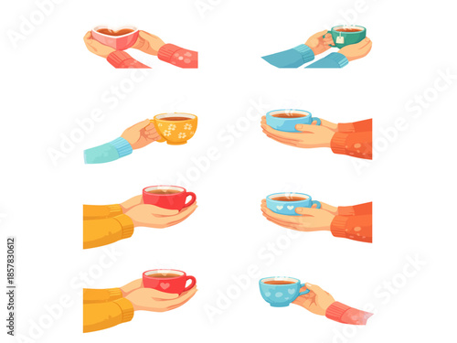 A flat illustration set displays multiple hands in colorful sleeves holding steaming cups of tea and coffee , creating a warm and cozy collection.