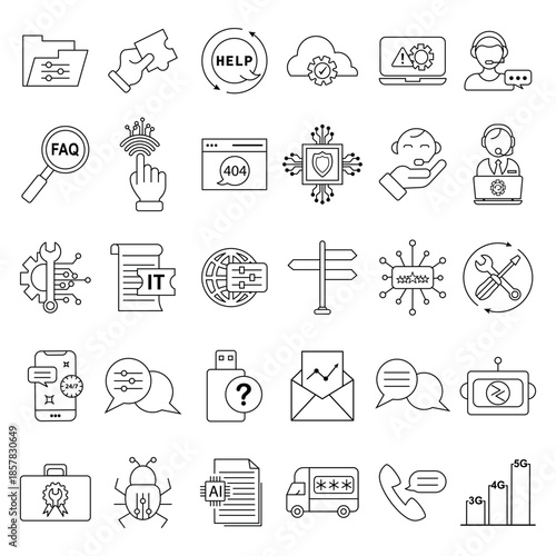 Tech Support Icon Set for Customer Service, IT Helpdesk, Technical Assistance, Repair, Network, Software and Hardware Support