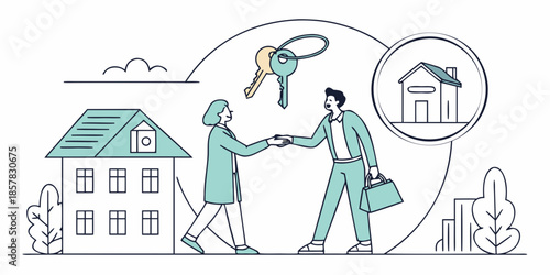 Real estate transaction concept with people shaking hands and house