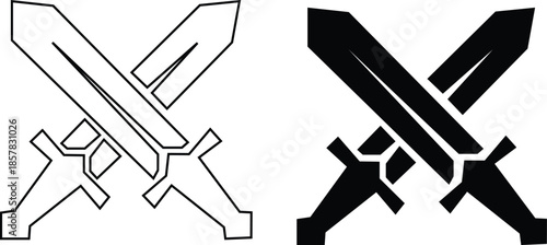 Black sword icon set in flat and line style, crossed blade weapon silhouette featuring medieval combat symbols and fantasy warfare graphic minimal monochrome arms vector pack with synonym elements