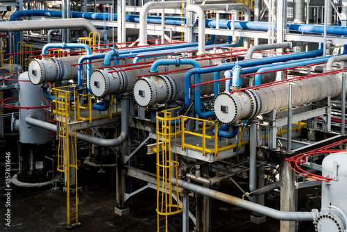Series of pipes are connected to a large tank. The pipes are blue and red. The tank is large and is surrounded by a yellow railing