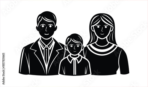 Stylized Black and White Illustration of a Happy Family of Three Standing Together in Solidarity