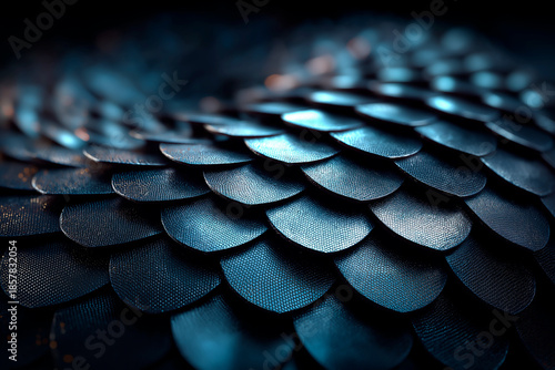 Dark scaled pattern background. Black scales texture, seamless design. Repeatable abstract design for wallpaper, decor, roof, metal, fish skin, armor. Modern background, abstract design.