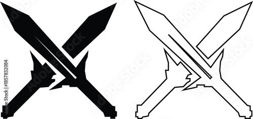 Black sword icon set in flat and line style, crossed blade weapon silhouette featuring medieval combat symbols and fantasy warfare graphic minimal monochrome arms vector pack with synonym elements