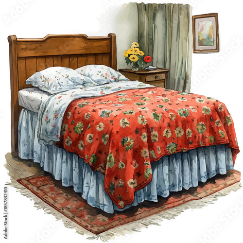Bedspread, watercolor clipart vector, isolated on a white background.