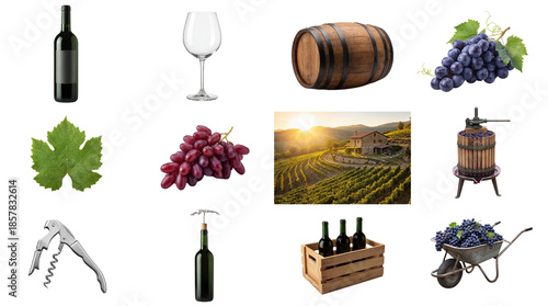 Collection of isolated wine and winemaking objects including bottles, grapes, barrel, glass, corkscrew, and vineyard landscape isolated PNG with Transparent Background