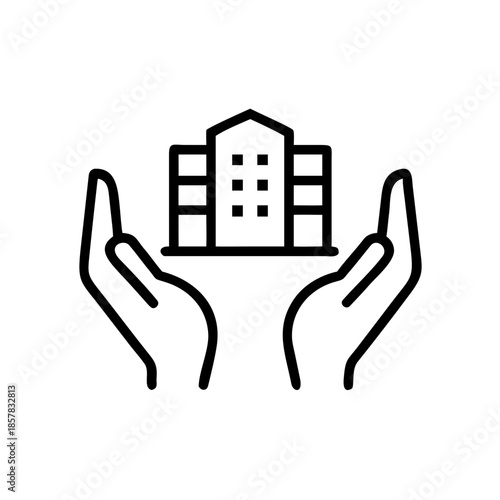 Simple black and white vector icon of hands holding apartment building for property protection
