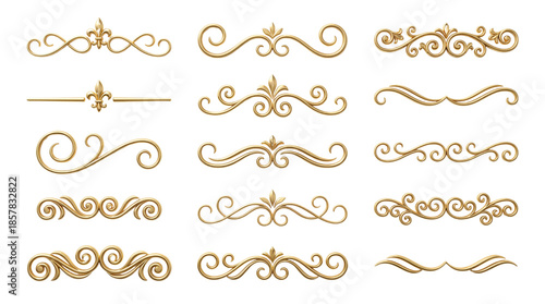 Set of Golden Elegant Vintage Calligraphic Flourish Dividers and Scroll Ornaments isolated PNG with Transparent Background
