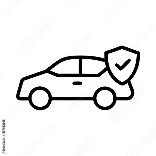 Simple black and white vector icon of car with shield for auto insurance protection
