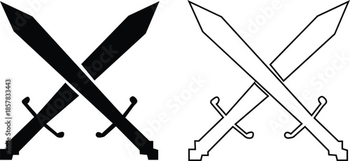 Black sword icon set in flat and line style, crossed blade weapon silhouette featuring medieval combat symbols and fantasy warfare graphic minimal monochrome arms vector pack with synonym elements