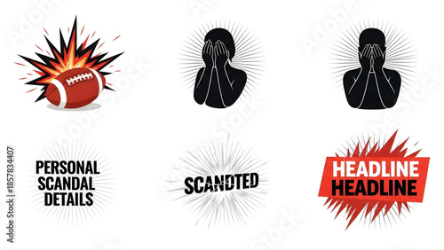 Collection of striking graphic elements conveying the dramatic impact of breaking news, public scandal, and intense emotional responses