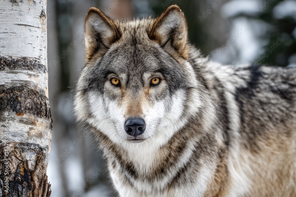 Fototapeta premium Close up portrait of a majestic wolf in a winter forest setting
