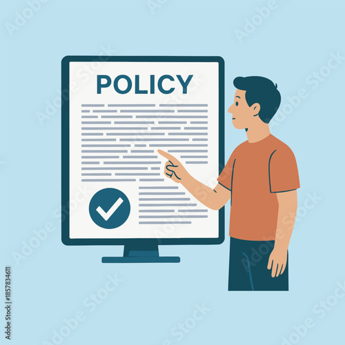 Policy Insights: A young individual points to the policy document on the screen, indicating the approved policy concept