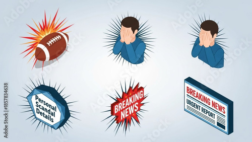 Breaking News and Scandal Unveiling Isometric Vector Illustrations Showing Personal Distress, Urgent Reports, and the Intense Public Scrutiny of Controversial Events