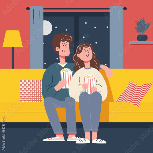 Cozy date night at home with couple watching tv or movies on the sofa, eating popcorn snacks in the living room. Relaxing with streaming service for comfort, romance, quality time and weekend bonding