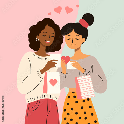Female friends exchanging gifts in celebration of friendship and sisterhood with smiles, love and kindness. Two women on a festive valentines day or birthday moment of companionship and support