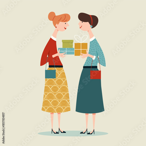Female friends exchanging gifts in celebration of friendship and sisterhood with smiles, love and kindness. Two women on a festive Valentines day or birthday moment of companionship and support