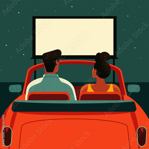 Romantic couple watching a movie at a drive in theater, sitting together in a parked car at an open air outdoor cinema at night. Nostalgic date with film and retro entertainment on a summer evening