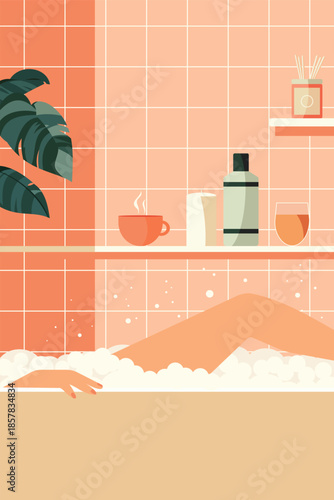 Relaxing bubble bath tub at home of woman enjoying calm spa day for self care or morning beauty routine with hand and leg in warm water for serenity, wellness and peaceful indoor relaxation