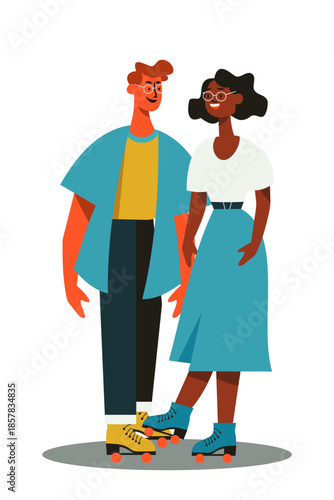 Playful roller skating date at a retro rink, active couple enjoying fun, fitness and nostalgic leisure together, building memories, bonding and romance through movement and sport on the weekend