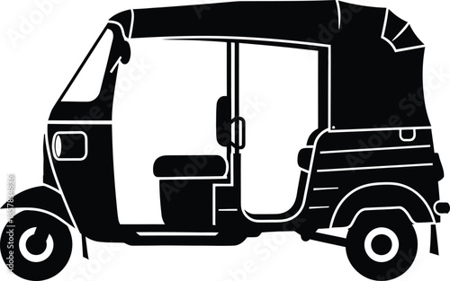 Black silhouette of a three-wheeled auto rickshaw vehicle white