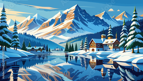 Very beautiful winter alpine scenery in Kitzbühel, with snow-covered mountains perfectly mirrored in a calm lake, creating a serene and magical Austrian winter landscape.