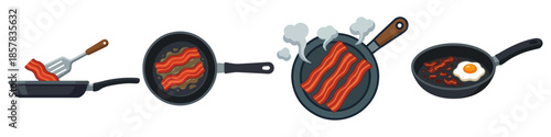 Set of  Bacon in a frying pan Flat Vector Illustration on Transparent Background