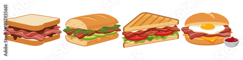 Set of  Bacon sandwich Flat Vector Illustration on Transparent Background