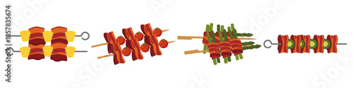 Set of  Bacon skewers Flat Vector Illustration on Transparent Background