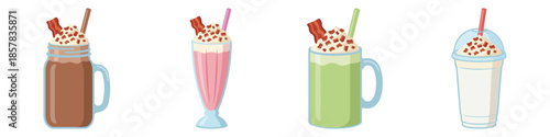 Set of   Milkshake topped with bacon bits Flat Vector Illustration on Transparent Background