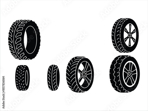 Collection of various car tires and rims on white background