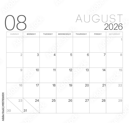 August 2026 calendar page in minimalist design with clean white background for planning and scheduling.
